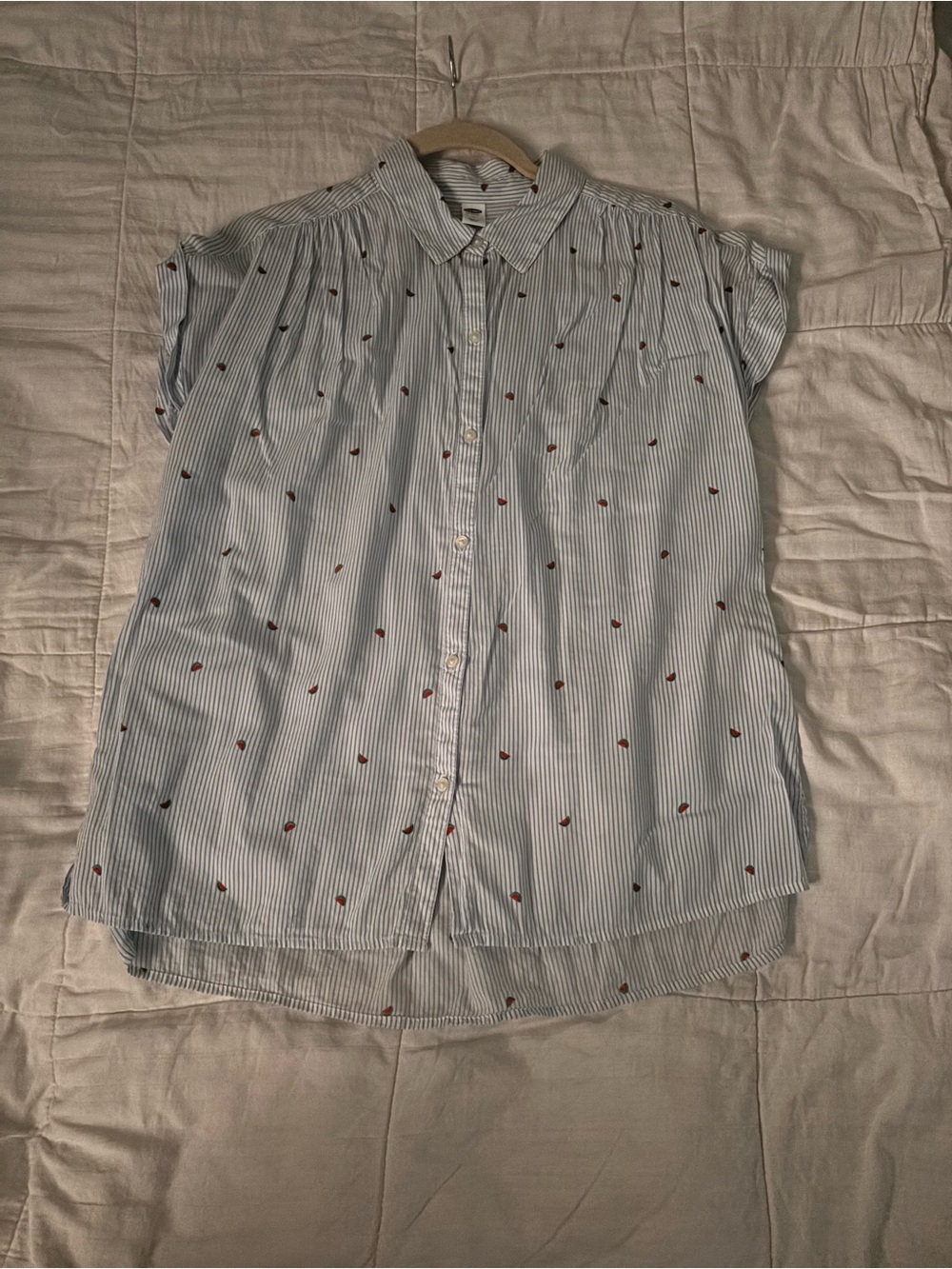 Old Navy Light Blue Striped Button-Down Top with Small Watermelon Print